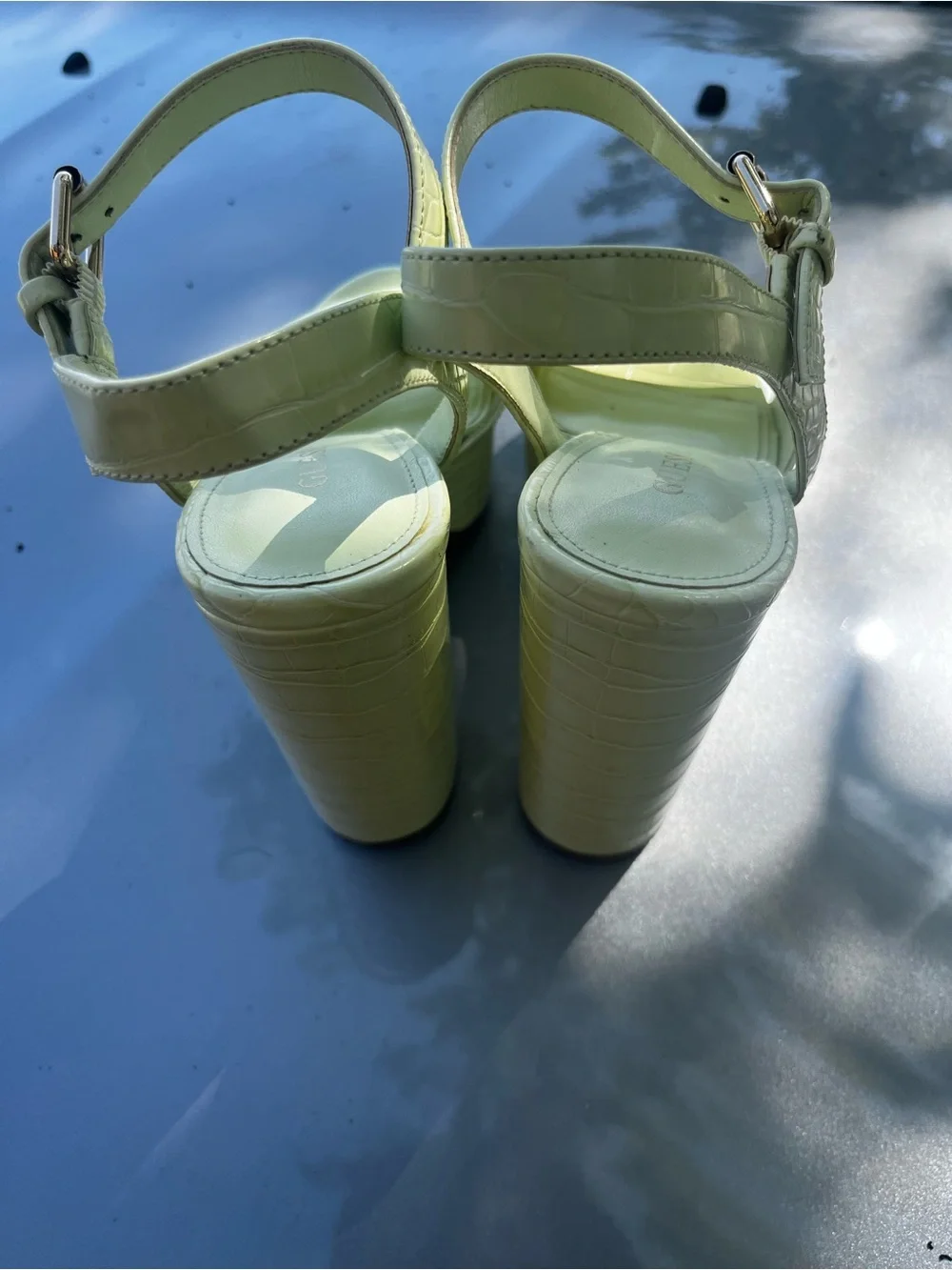 Guess Pale Green Croc-Embossed Block Heel Sandals